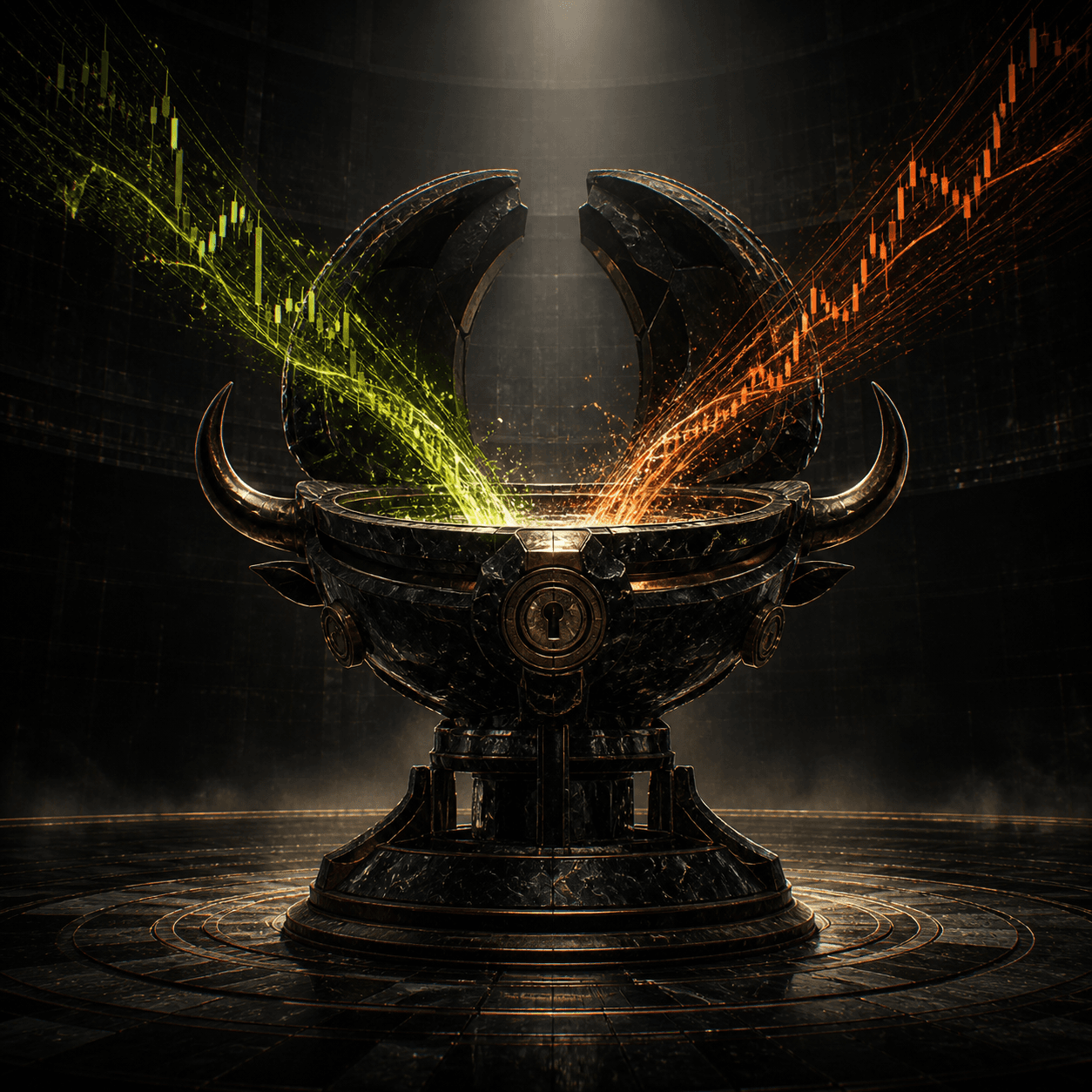 Obsidian horned vault receiving chartreuse and copper market streams