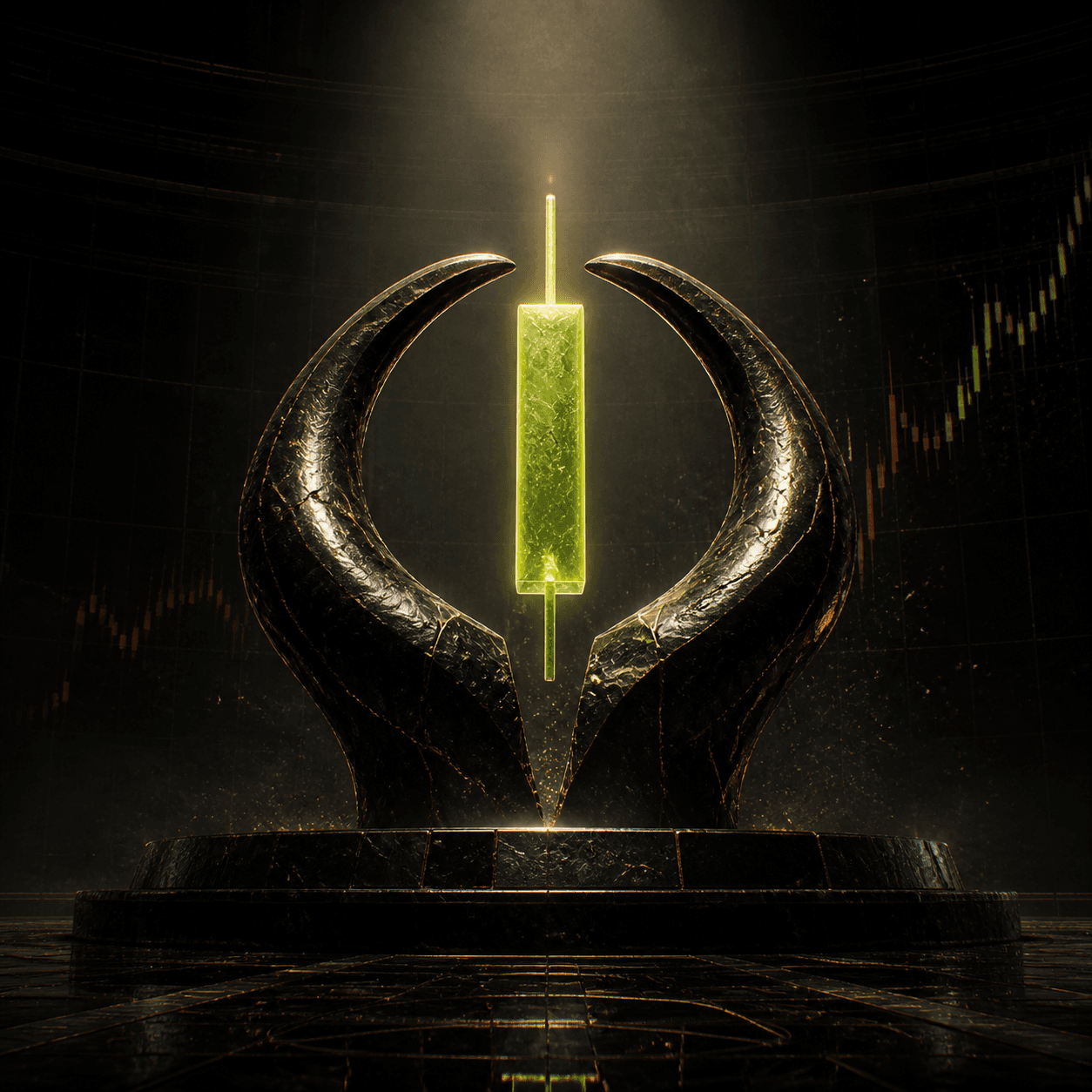Blackened bull horns encircling a rising chart candle